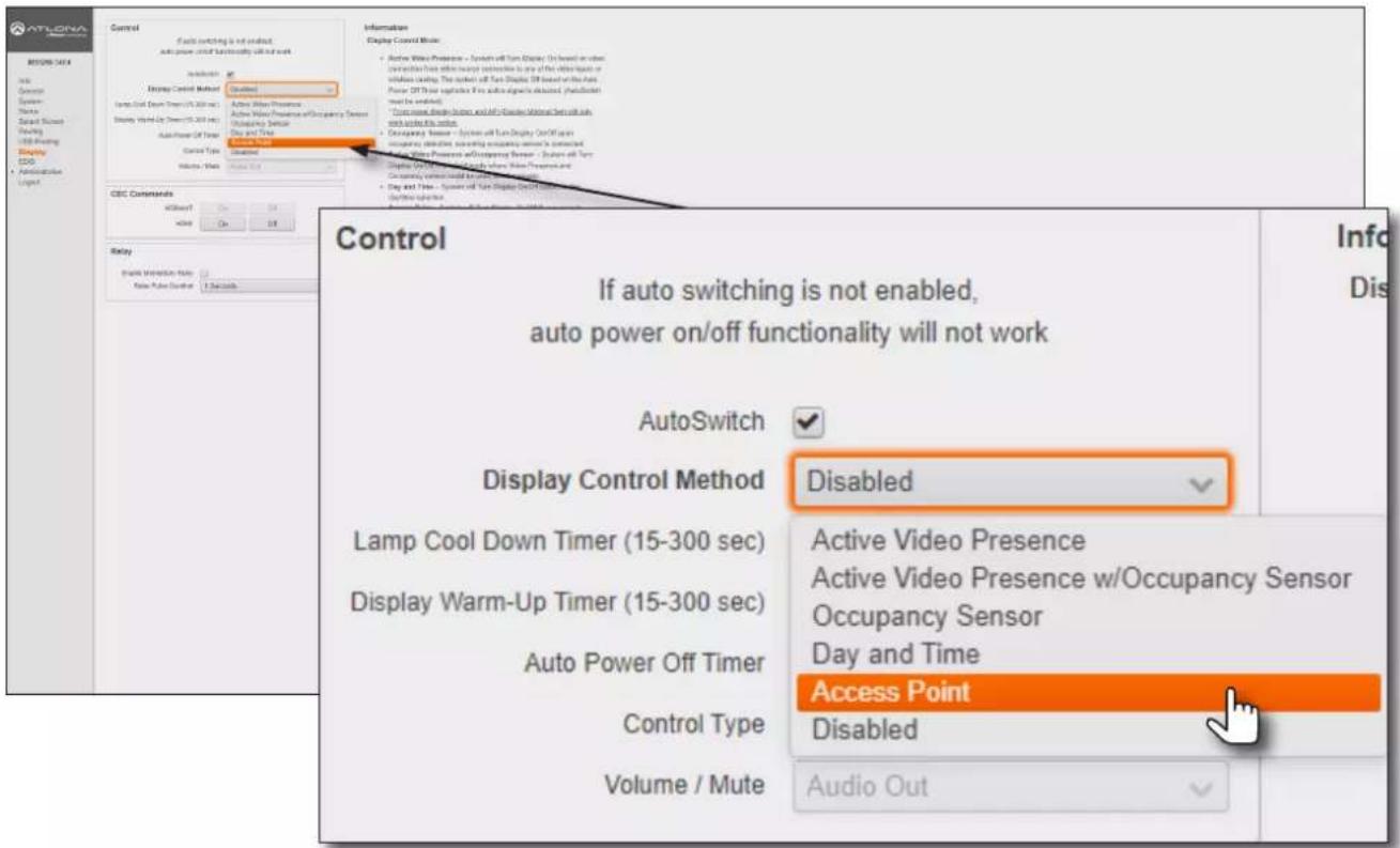 Control If auto switching is not enabled, auto power on/off functionality will not work Display Control Method AutoSwitch Display Control Method Lamp Cool Down Timer (15-300 sec) Display Warm-Up Timer (15-300 sec) Auto Power Off Timer Control Type Volume / Mute Information Display Control Music • Auto White Presence - System will turn Display On based on user (+) or without any device to use the other input or volumes using. The user will turn Display On based on the Auto Power OT that implements the auto icons obtained. (+) or without any user is enabled. • Current display from and after displaying manual sets will add with any data. • Occupancy Sensor - System will turn Display On/Off when recommuting devices, so working occupancy sensor is connected. • Auto White Presence and Occupancy Sensor - System will turn display on or after displaying the system's own functions and access points could be used in the system. • Day and Time - System will turn display On/Off when (+) or without any user is enabled. Display Control Method Disabled Active Video Presence Active Video Presence w/Occupancy Sensor Occupancy Sensor Day and Time Access Point Disabled Audio Out