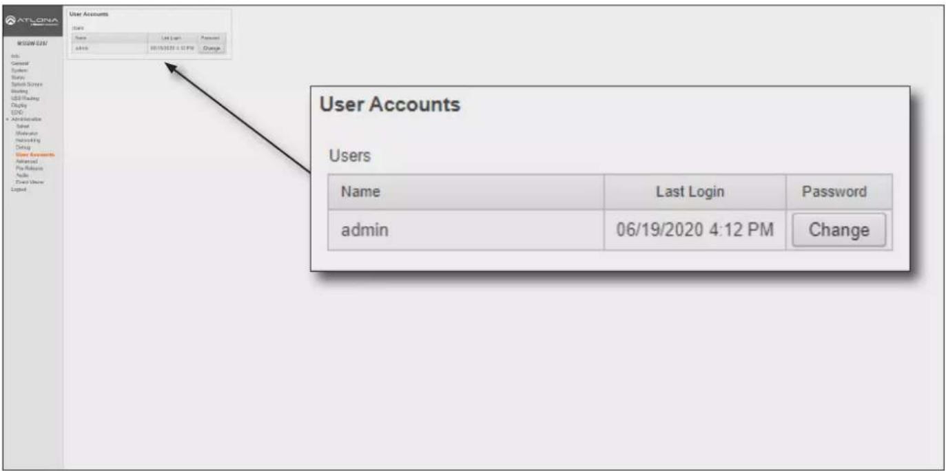 ATLONA User Accounts Name Last Login Password admin 06/19/2020 4:12 PM Change User Accounts Users Name Last Login Password admin 06/19/2020 4:12 PM Change