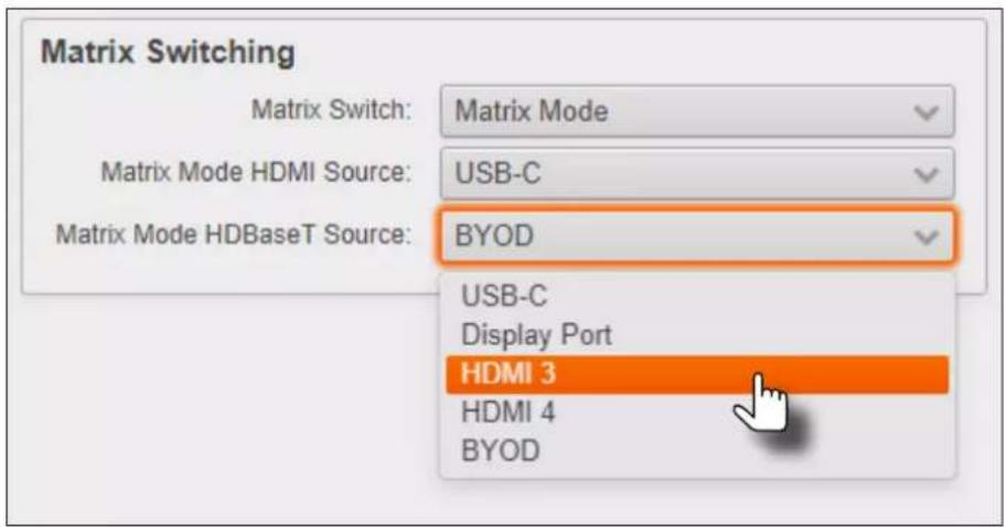 Matrix Switching Matrix Switch: Matrix Mode Matrix Mode HDMI Source: USB-C Matrix Mode HDBaseT Source: BYOD USB-C Display Port HDMI 3 HDMI 4 BYOD