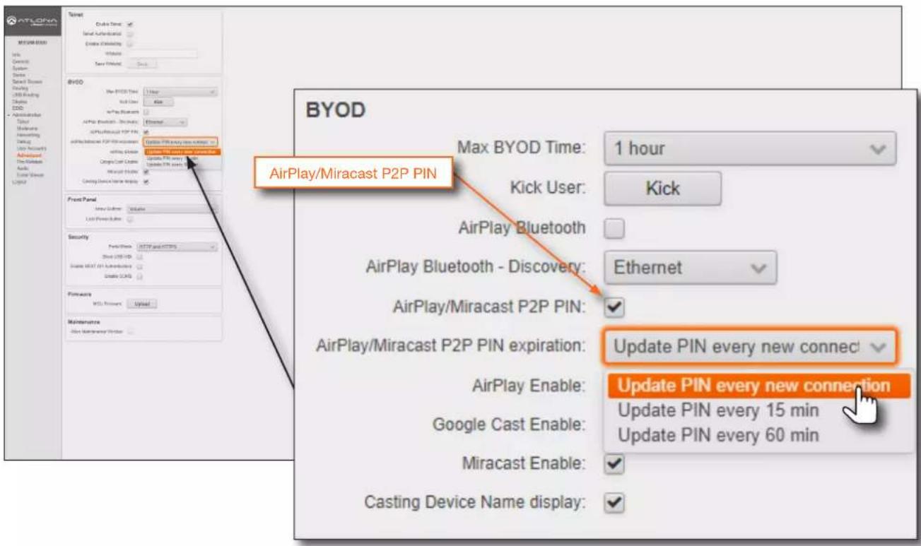AT&T Corp. MTGUN BOSO Info Context System Data Serial Browser Routing USB Reading Display ADD Administration Show Marketing Accounting Login Help My Computer AirPlay/Miracast P2P PIN AirPlay Bluetooth - Discovery: AirPlay Bluetooth - Discovery: AirPlay/Miracast P2P PIN AirPlay/Miracast P2P PIN expiration: AirPlay Enable: Google Cast Enable: Miracast Enable: Casting Device Name display: Max BYOD Time: 1 hour Kick User: Kick AirPlay Bluetooth AirPlay Bluetooth - Discovery: Ethernet AirPlay/Miracast P2P PIN: Update PIN every new connection Update PIN every 15 min Update PIN every 60 min AirPlay/Miracast P2P PIN AirPlay/Miracast P2P PIN expiration: Update PIN every new connection