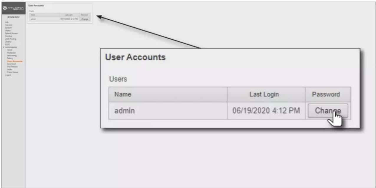 User Accounts Users Name Last Login Password admin 06/19/2020 4:12 PM Change