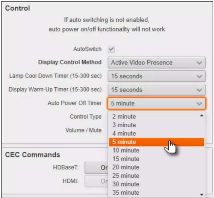 Control If auto switching is not enabled, auto power on/off functionality will not work AutoSwitch Display Control Method Active Video Presence Lamp Cool Down Timer (15-300 sec) 15 seconds Display Warm-Up Timer (15-300 sec) 15 seconds Auto Power Off Timer 5 minute Control Type 2 minute 3 minute 4 minute Volume / Mute 5 minute CEC Commands HDBaseT: Or 10 minute 15 minute 20 minute 25 minute 30 minute 35 minute HDMI: Or