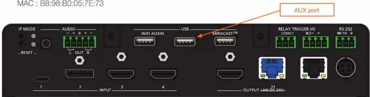 MAC : B8:98:B0:05:7E:73 IP MODE AUDIO L OUT R RESET 1 2 INPUT 3 4 USB WiFi AUXIN MIRACAST™ 21 OUTPUT LAN DC 24V AUX port RELAY TRIGGER I/O COMC1 +2- + RS-232 RX TX +