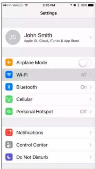 Settings John Smith Apple ID, iCloud, iTunes & App Store Airplane Mode Wi-Fi AT > Bluetooth On > Cellular > Personal Hotspot Off > Notifications > Control Center > Do Not Disturb >