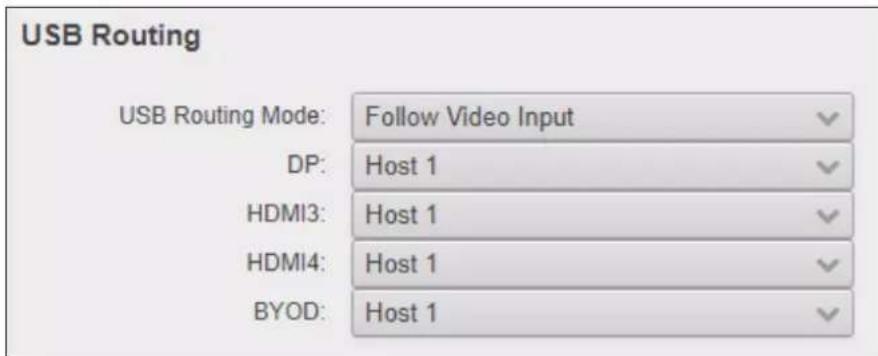 USB Routing USB Routing Mode: Follow Video Input DP: Host 1 HDMI3: Host 1 HDMI4: Host 1 BYOD: Host 1