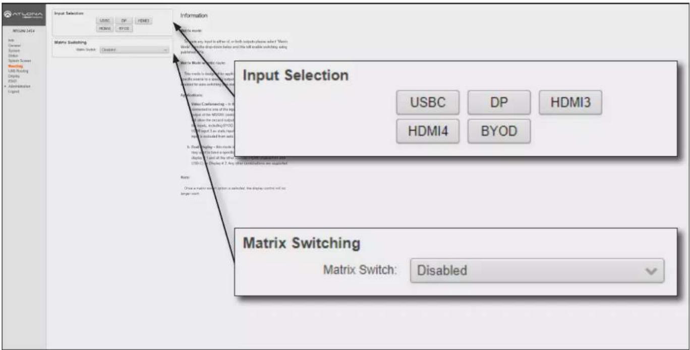 ATLORA INPUT Selection USBCC DP HDMI3 HDMI4 BYOD Matrix Switching Matrix Switch: Disabled Matrix Selection USBC DP HDMI3 HDMI4 BYOD Matrix Switching Matrix Switch: Disabled
