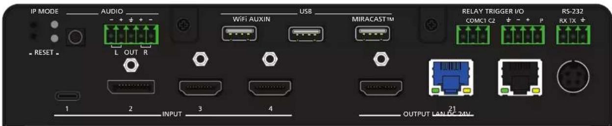 IP MODE AUDIO WiFi AUXIN USB MIRACASTTM RELAY TRIGGER I/O COMC1 C2 RS-232 RX TX RESET L OUT R 1 2 INPUT 3 4 OUTPUT LAN DC 24V