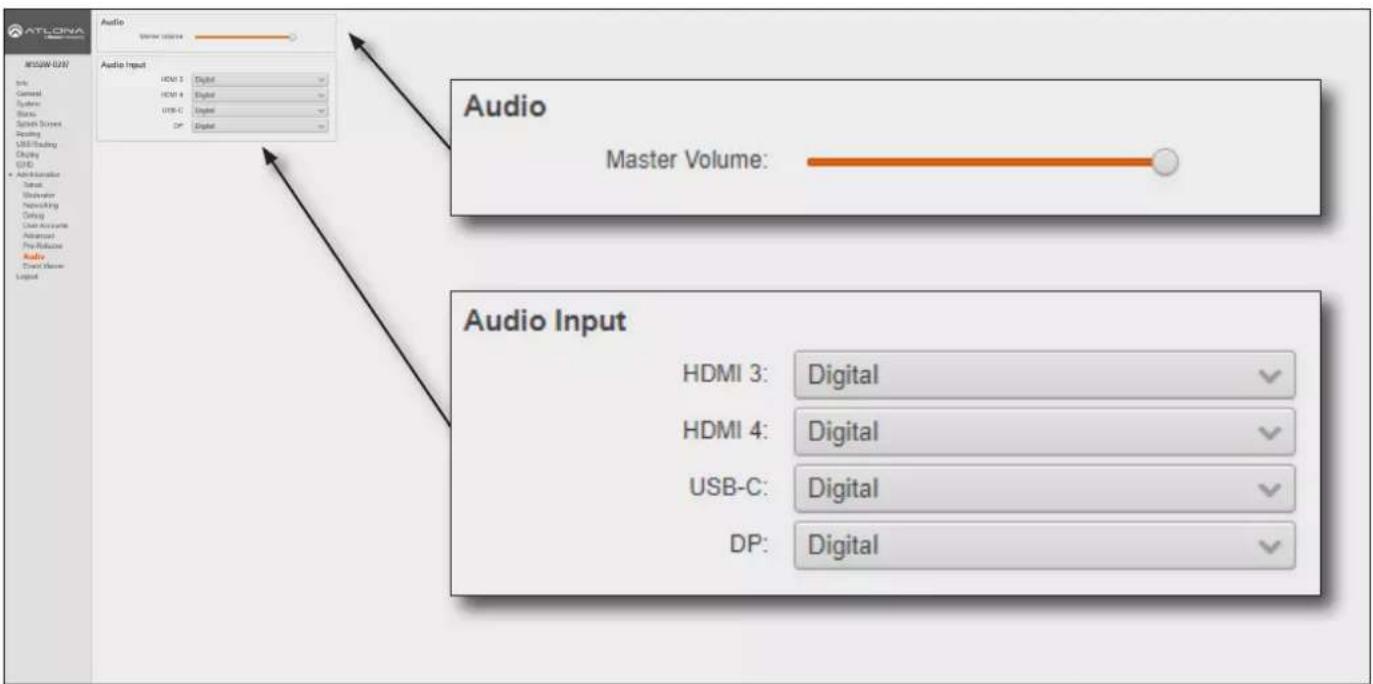 ATLORA MT50W-12V Info General System Status Switch Sprove Reseting USB Reading Display GPIO + Administration Setup Visualator Networking Backup User Accounts Advanced Pre-Release Audio Direct Mouse Layout Audio Master Volume: Audio Input HDMI 3: Digital HDMI 4: Digital USB-C: Digital DP: Digital