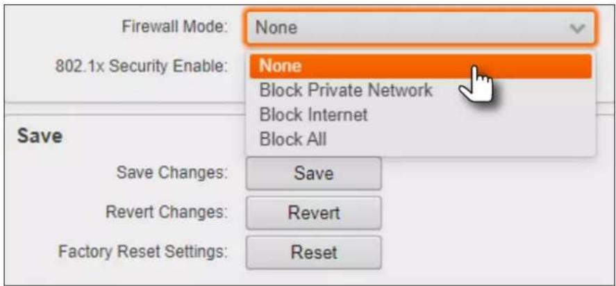 Firewall Mode: None 802.1x Security Enable: Save Save Changes: Save Revert Changes: Revert Factory Reset Settings: Reset
