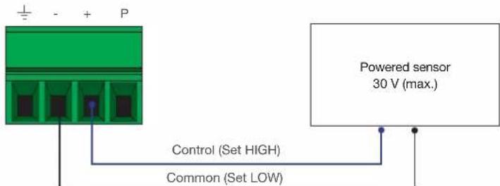 P Control (Set HIGH) Common (Set LOW) Powered sensor 30 V (max.)