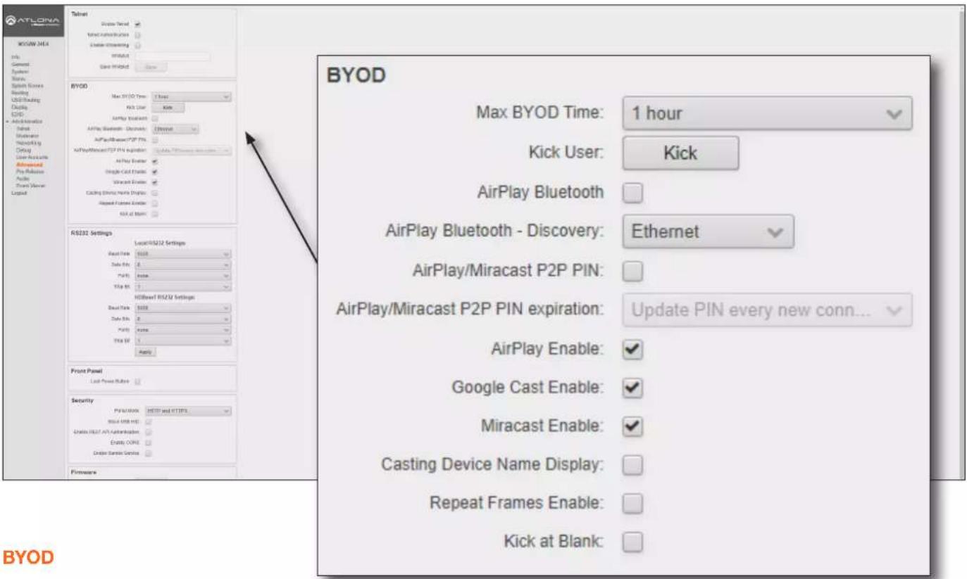 Screenshot of ATLONA Wireless JHL4 system settings interface showing BYOD configuration options and connection settings.