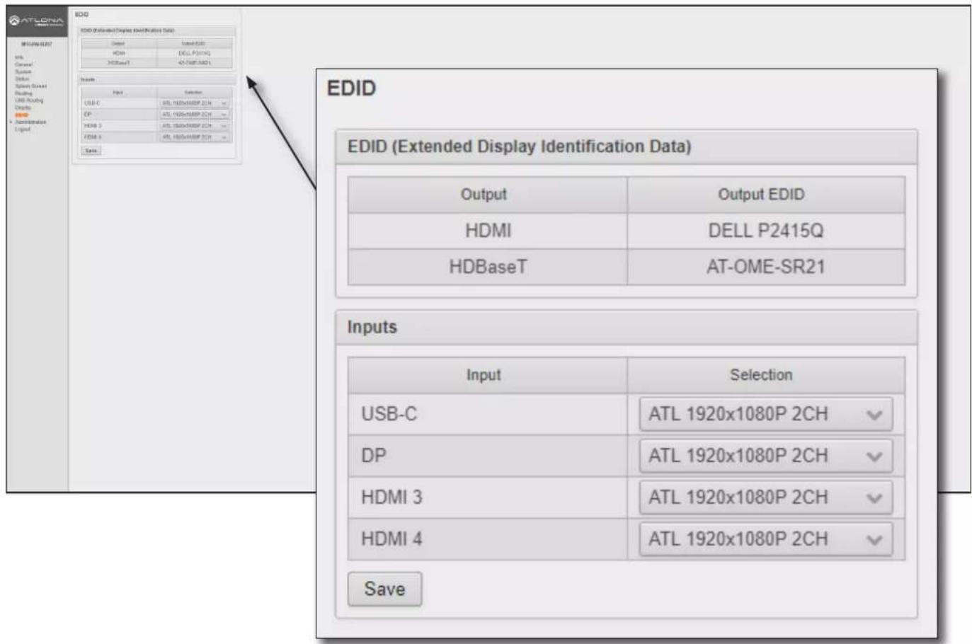 EDID EDID (Extended Display Identification Data) Input USB-C HDMI HDBaseT Output EDID HDMI HDBaseT Output EDID HDMI P2415Q AT-OME-SR21 HDBaseT Output EDID HDMI P2415Q AT-OME-SR21 HDBaseT AT-OME-SR21 HDMI P2415Q AT-OME-SR21 HDBaseT AT-OME-SR21 HDMI P2415Q AT-OME-SR21 HDBaseT AT-OME-SR21 HDMI P2415Q AT-OME-SR21 HDBaseT AT-OME-SR21 HDMI P2415Q