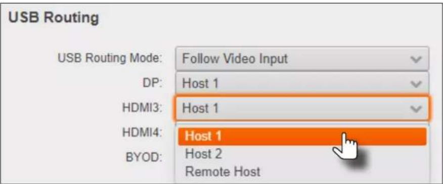 USB Routing USB Routing Mode: Follow Video Input DP: Host 1 HDMI3: Host 1 HDMI4: Host 1 BYOD: Host 2 Remote Host
