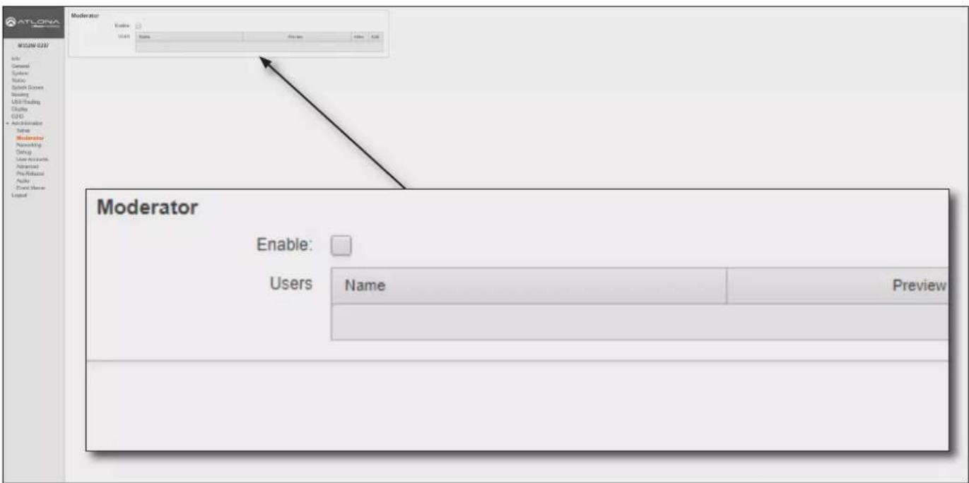 MODERATOR Enable: Users Name Preview Preview OK Moderator Nursing Setup User Accounts Advanced Pre-Release Audio Event Name Logo ATLORA MODERN USER Info General System Status Options Boxes Testing USB Trading Display GSD Administrator Satal Moderator Nursing Setup User Accounts Advanced Pre-Release Audio Event Name Logo