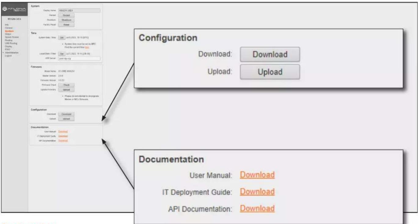 ATLONA 34.4 WISQW-34.4 Info General System System Server Switch Server Routing USB Routing Claying Windows Administration Logist System Display Name: WISQW-34.4 Default: Default: Default: Default: Time System Data / Time: Sum: 16.5 (2021, 10:18 [SPC)] • System data must be set in UTC Find the current time Local Data / Time: Sum: 16.5 (2021, 10:18 [SPC]) ASP Server: not up log Firmware: Model Name: AT-ONE/WISQW Master Services: 2.0.0 Framework Input: 10.23 Framework Check: Check Update Primary: Update • Please do not attempt to undergo Mouse or MCJ Network Configuration: Download: Download Upload: Update Documentation: User Manual: download If Deployment Guide: download UP Documentation: download Configuration Download: Download Upload: Upload Documentation User Manual: Download IT Deployment Guide: Download API Documentation: Download