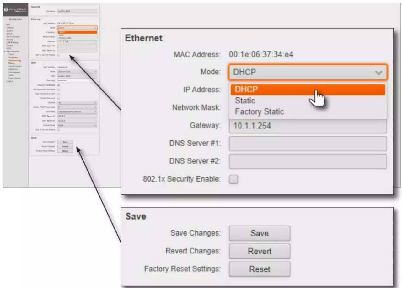 Ethernet MAC Address: 00:1e:06:37:34:e4 Mode: DHCP IP Address: DHCP Static Network Mask: Factory Static Gateway: 10.1.1.254 DNS Server #1: DNS Server #2: 802.1x Security Enable: Save Save Changes: Save Revert Changes: Revert Factory Reset Settings: Reset