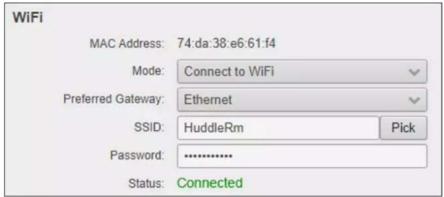 WiFi MAC Address: 74:da:38:e6:61:f4 Mode: Connect to WiFi Preferred Gateway: Ethernet SSID: HuddleRm Pick Password: ............. Status: Connected
