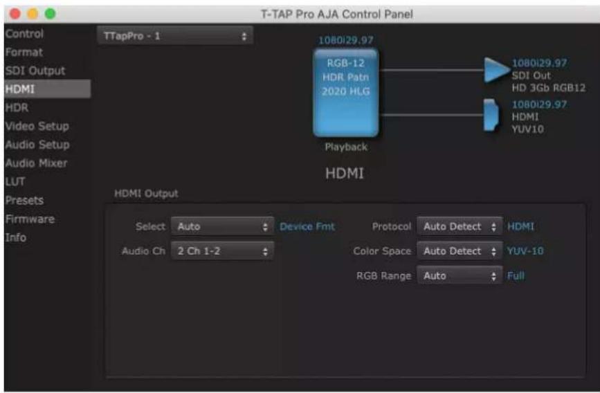 T-TAP Pro AJA Control Panel Control Format SDI Output HDMI HDR Video Setup Audio Setup Audio Mixer LUT Presets Firmware Info TTapPro - 1 1080I29.97 RGB-12 HDR Patn 2020 HLG Playback 1080I29.97 SDI Out HD 3Gb RGB12 1080I29.97 HDMI YUV10 HDMI HDMI Output Select Auto Device Fmt Protocol Auto Detect HDMI Audio Ch 2 Ch 1-2 Color Space Auto Detect YUV-10 RGB Range Auto Full