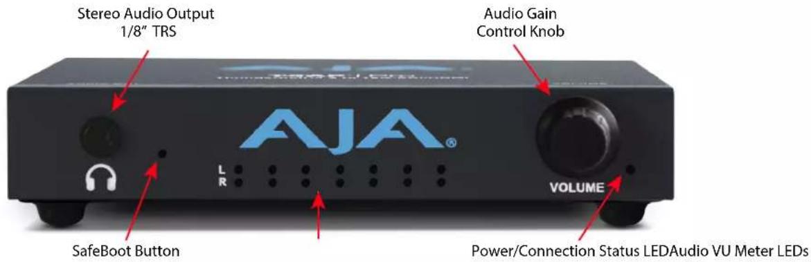 Stereo Audio Output 1/8" TRS Audio Gain Control Knob AJA® VOLUME SafeBoot Button Power/Connection Status LEDAudio VU Meter LEDs