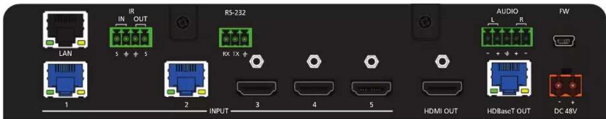 LAN IR IN OUT 5 + + 5 RS-232 RX TX + 1 2 INPUT 3 4 5 AUDIO L R -A - + + - HDMI OUT HDBaseT OUT -FW - + DC 48V