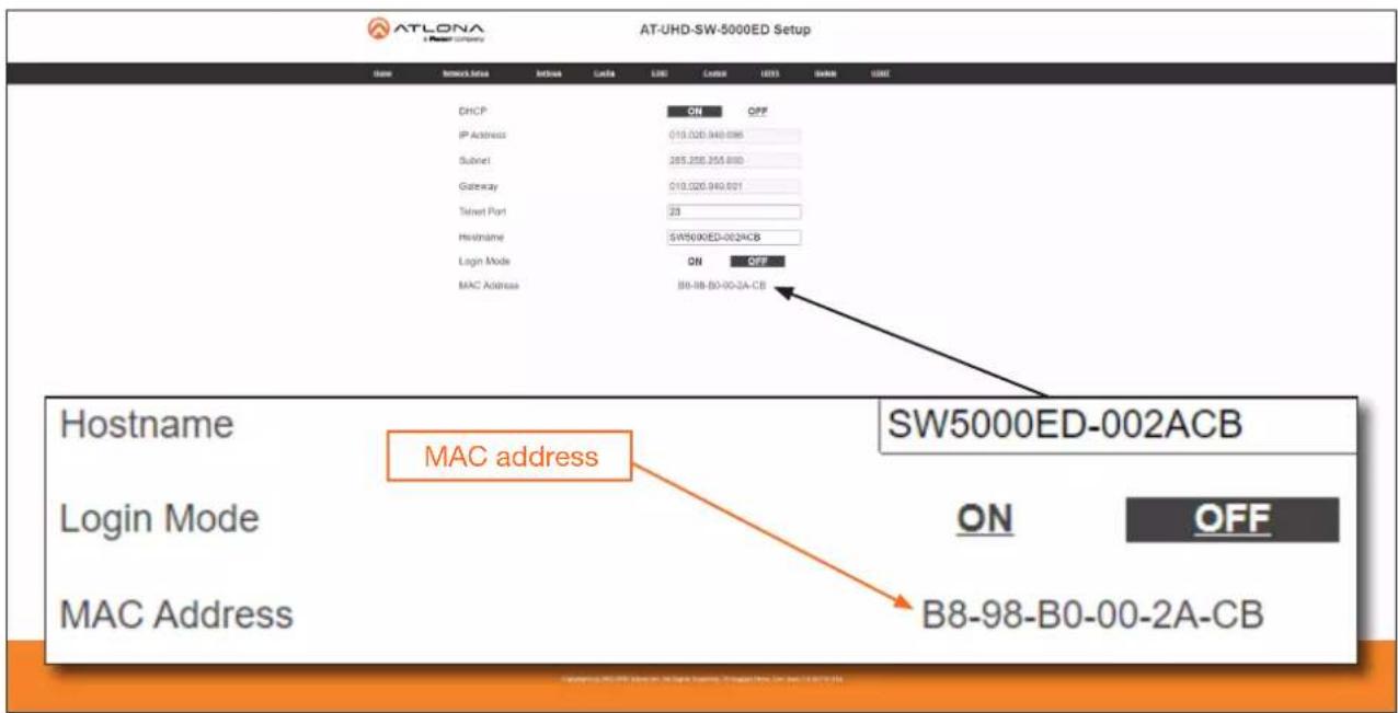 ATLONA AT-UHD-SW-5000ED Setup Name Network Status Update Date END Control TEST Tools Window USB DHCP ON OFF IP Address 019.020.940.086 Subnet 285.250.355.880 Gateway 019.020.940.021 Telnet Port 23 Histname SW5000ED-002ACB Login Mode ON OFF MAC Address B8-98-B0-00-2A-CB Hostname MAC address SW5000ED-002ACB Login Mode ON OFF MAC Address B8-98-B0-00-2A-CB