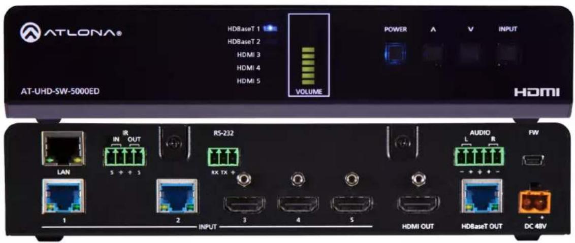 ATLONA® HDBaseT 1 HDBaseT 2 HDMI 3 HDMI 4 HDMI 5 VOLUME POWER A V INPUT AT-UHD-SW-5000ED HDMI IR IN OUT RS-232 RX TX + LAN 5 + + 3 1 2 INPUT 3 4 5 AUDIO L R + + + - HDMI OUT HDBaseT OUT DC 48V