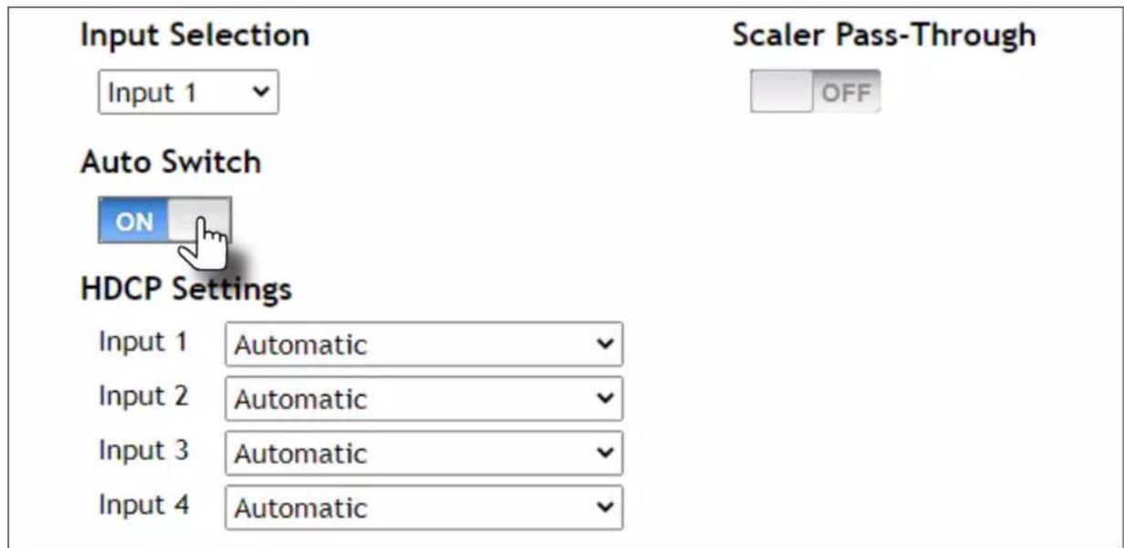 Input Selection Input 1 Auto Switch ON HDCP Settings Input 1 Automatic Input 2 Automatic Input 3 Automatic Input 4 Automatic Scaler Pass-Through OFF
