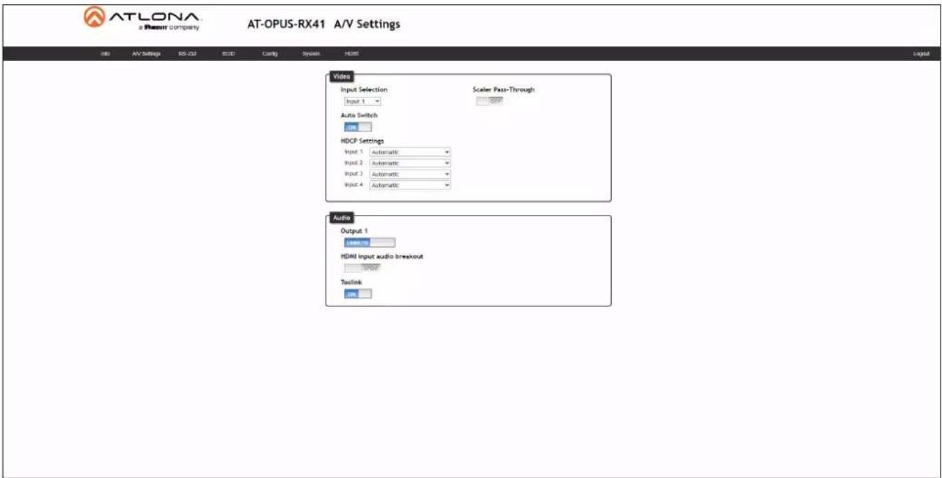 ATLONA a Resour company AT-OPUS-RX41 A/V Settings File A/V Settings RS-ZU ECD Catalog System HST Video Input Selection Input 1 Auto Switch HDCP Settings Input 1 Automatic Input 2 Automatic Input 3 Automatic Input 4 Automatic Audio Output 1 HDMI Input audio breakout Toslink Load