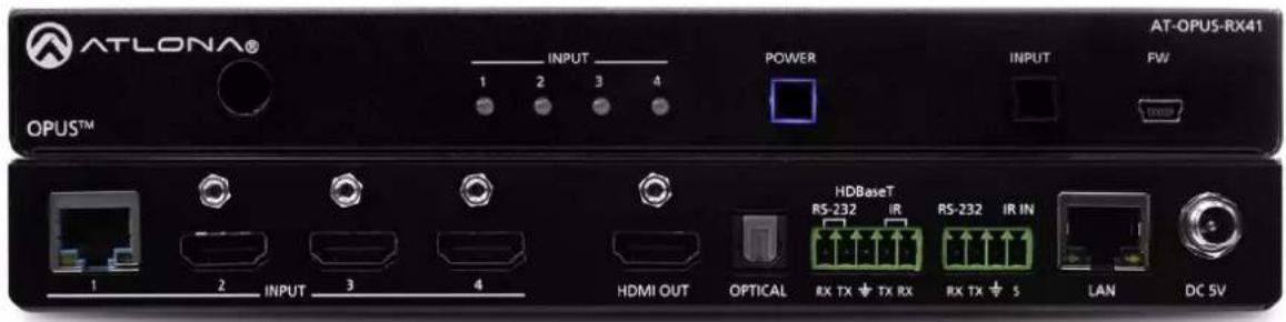 ATLONA® OPUSTM INPUT POWER INPUT FW HDBaseT RS-232 IR RS-232 IR IN RX TX ↓ TX RX RX TX ↓ 5 LAN DC SV 1 2 INPUT 3 4 HDMI OUT OPTICAL