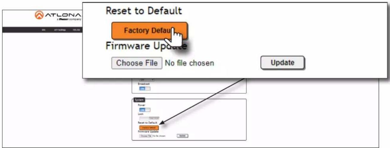 ATLONA a Resour company VH AV Settings 100.23 Reset to Default Factory Default Firmware Update Choose File No file chosen Update Broadcast System Power Lock Reset to Default Factory Default Firmware Update Choose File No file chosen Update
