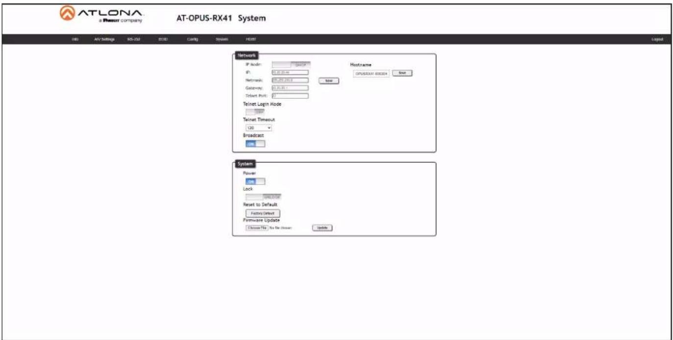 ATLONA a Resour company AT-OPUS-RX41 System HID AV Settings MS-232 ESCB Casing Systems HOST Network IP Mode: 0.0000 IP: 0.0000 Network: 0.0000 Gateway: 0.0000 Telnet Port: 0 Telnet Login Mode 100 Telnet Timeout 100 Broadcast 100 Hostname OPUSRXTI ECOSK New System Power On Lock WIN.COM Reset to Default Faster Default Firmware Update Choose File > No Use Hidden Update