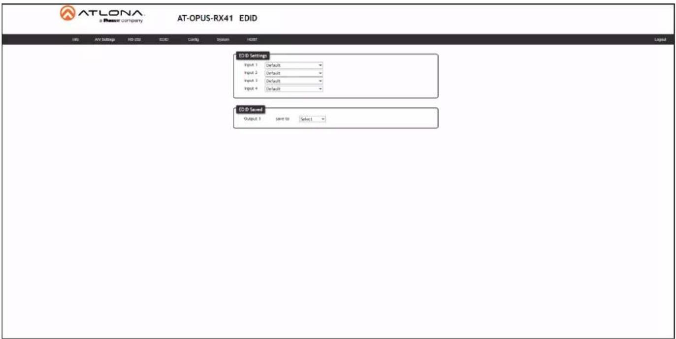 ATLONA a Power company AT-OPUS-RX41 EDID IND AV Settings MS 232 EDID Comly System HOST EDID Settings Input 1 Default Input 2 Default Input 3 Default Input 4 Default EDID Savings Output 5 save to Select