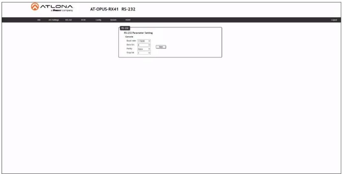 ATLONA a Resour Company AT-OPUS-RX41 RS-232 RS-232 RS-232 Parameter Setting Console Reset rate 115200 Data bits 8 Parity None Stop bit 1 Save