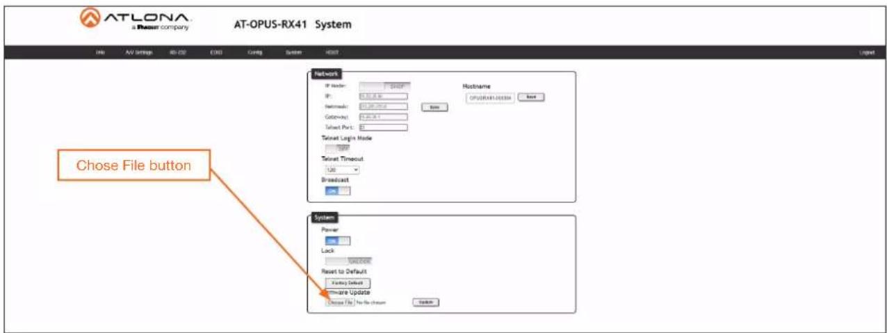 ATLONA a Power company AT-OPUS-RX41 System File AV Settings BD-232 E302 Config System HKEY Network IP Number: 100000 IP: 100000 Networks: 100000 Gbps/Out: 100000 Talbot Port: 1 Talbot Login Mode Talbot Timeout: USB Broadcast Hostname OPUSRIFALOX598 Base System Power Lock SUNLESS Reset to Default Fixing Default Hardware Update Close File No file chosen Close Choose File button