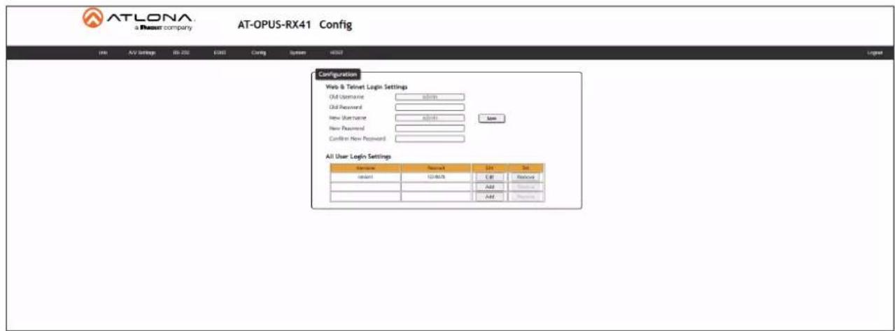 ATLONA a Passer company AT-OPUS-RX41 Config H#: AV settings IB-250 E382 Config System MDST Logset Configuration Web & Telnet Login Settings Old Username admin Old Password New Username admin New Password Confirm New Password All User Login Settings Name: Passer 34 email: 12/06/09 Add Add Remove Add Remove