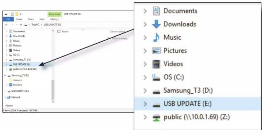 Screenshot of a file explorer window showing a context menu with folder options like Documents, Downloads, Music, and USB UPDATE files.