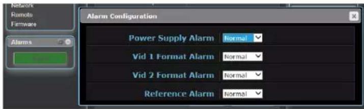 Network Remote Firmware Alarms Power Supply Alarm Normal Vid 1 Format Alarm Normal Vid 2 Format Alarm Normal Reference Alarm Normal