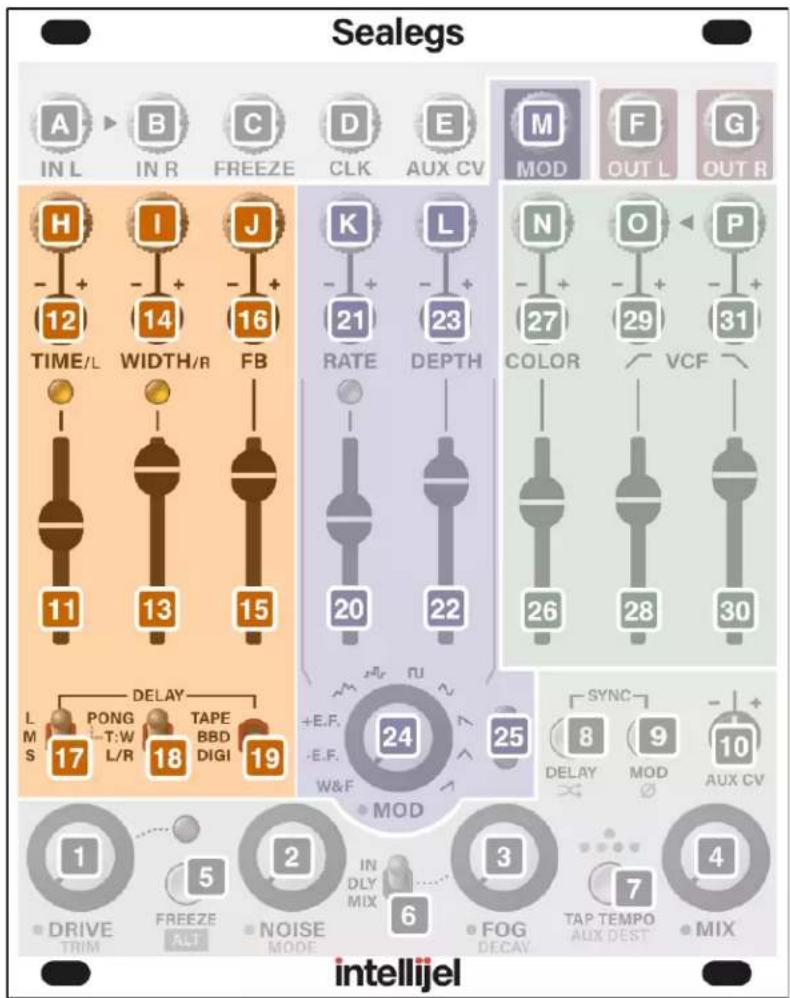 Sealegs A B C D E M F G IN L IN R FREEZE CLK AUX CV MOD OUT L OUT R H I J K L N O P - + - + - + 12 14 16 21 23 27 29 31 TIME/L WIDTH/R FB RATE DEPTH COLOR VCF 11 13 15 20 22 26 28 30 L DELAY +E.F. M S PONG T:APE S T:W T:BBD +W&F MOD SYNC - L/R L/DLY POL DELAY MOD AUX CV 17 5 6 7 TAP TEMPO DRIVE FREEZE MIX TAP TEMPO TRIM ALT MUX DEST AUX CV intellijel