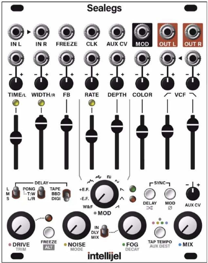 Sealegs IN L IN R FREEZE CLK AUX CV MOD OUT L OUT R TIME/L WIDTH/R FB RATE DEPTH COLOR VCF L PONG TAPE SYNC M S T:W BBD DELAY DELAY MOD AUX CV L/R DIGI W&F MOD DRIVE FREEZE IN FOG TAP TEMPO TRIM ALT MODE DECAV AUX DEST MIX intellijel