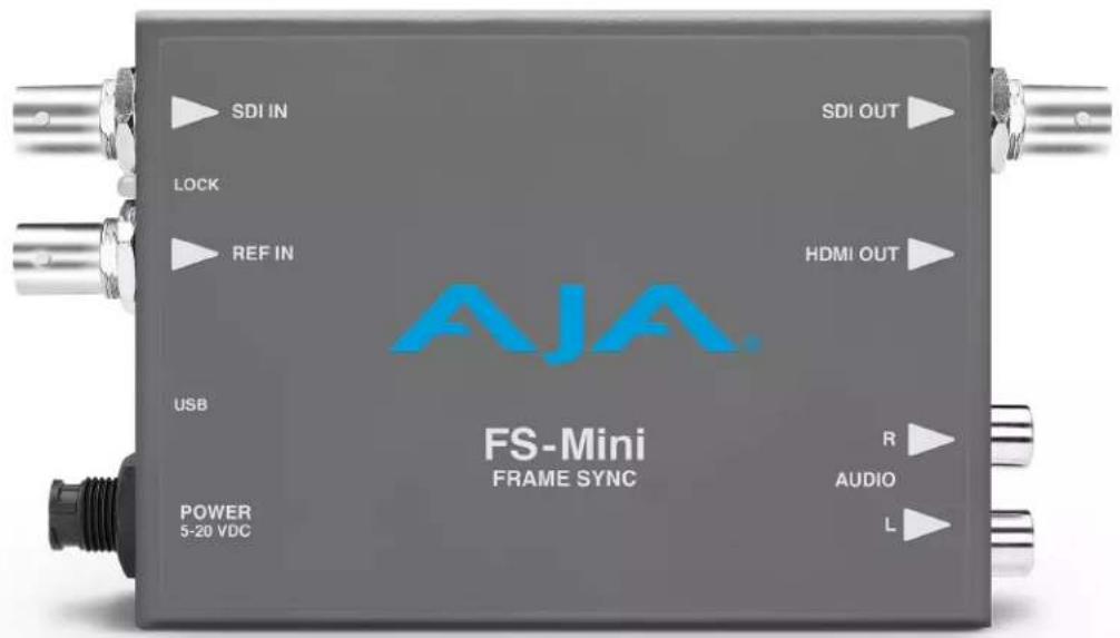 SDI IN Lock REF IN USB POWER 5-20 VDC SDI OUT HDMI OUT AJA FS-Mini FRAME SYNC R AUDIO L