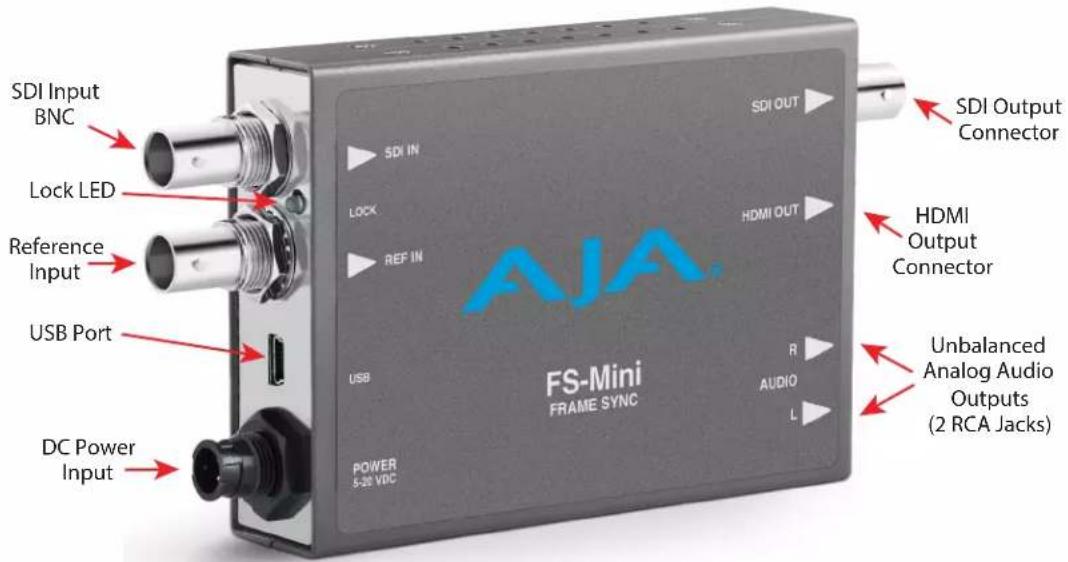 SDI Input BNC Lock LED Reference Input USB Port DC Power Input SDI IN REF IN USB POWER 5-20 VDC SDI OUT HDMI OUT AVA RS AUDIO L SDI Output Connector HDMI Output Connector Unbalanced Analog Audio Outputs (2 RCA Jacks)