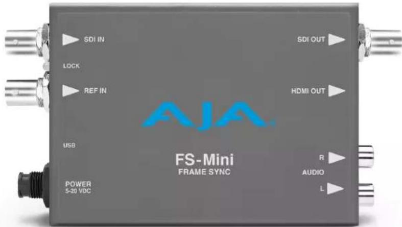 SDI IN Lock REF IN USB POWER 5-20 VDC SDI OUT HDMI OUT AJA FS-Mini FRAME SYNC R AUDIO L