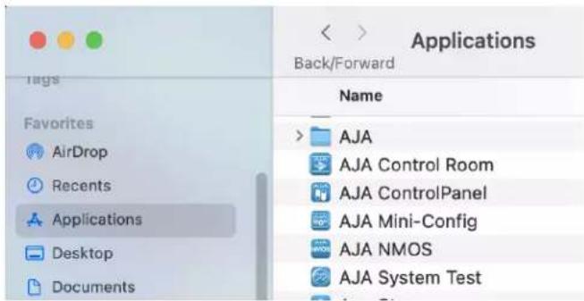 Applications Back/Forward Name > AJA AJA Control Room AJA ControlPanel AJA Mini-Config AJA NMOS AJA System Test