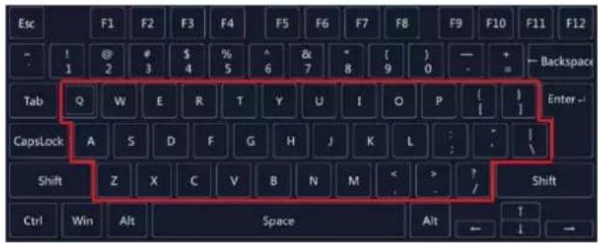 Esc F1 F2 F3 F4 F5 F6 F7 F8 F9 F10 F11 F12 - ! @ # $ % ^ & * ( ) - + 1 2 3 4 5 6 7 8 9 0 - = - Backspace Tab Q W E R T Y U I O P ( ) CapsLock A S D F G H J K L : : / Shift Z X C V B N M < > ? / Shift Ctrl Win Alt Space Alt - ↑ ↓ →