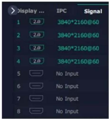 Display ... IPC Signal 1 2.0 3840*2160@60 2 2.0 3840*2160@60 3 2.0 3840*2160@60 4 2.0 3840*2160@60 5 — No Input 6 — No Input 7 — No Input 8 — No Input