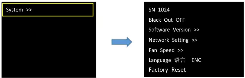 System >> → SN 1024 Black Out OFF Software Version >> Network Setting >> Fan Speed >> Language 语言 ENG Factory Reset