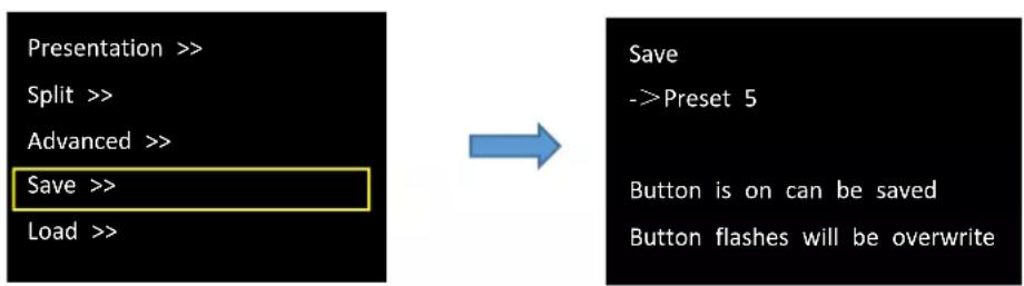 Presentation >> Split >> Advanced >> Save >> Load >> Save ->Preset 5 Button is on can be saved Button flashes will be overwrite