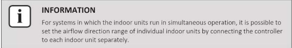 INFORMATION For systems in which the indoor units run in simultaneous operation, it is possible to set the airflow direction range of individual indoor units by connecting the controller to each indoor unit separately.