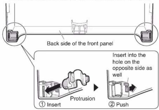 Back side of the front panel Insert into the hole on the opposite side as well ① Insert Protrusion ② Push