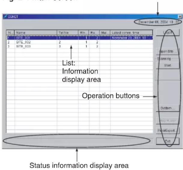 OSNET N... Name Tel No Rn... Ro Mat... Latest command time 1 SITE_001 1 1 2 November 29, 2004 18 2 DTE_002 2 1 2 3 SITE_003 3 1 2 List: Information display area Operation buttons Status information display area Logot Open Bits Exanning Start System... Help Button Print/Export... Exit